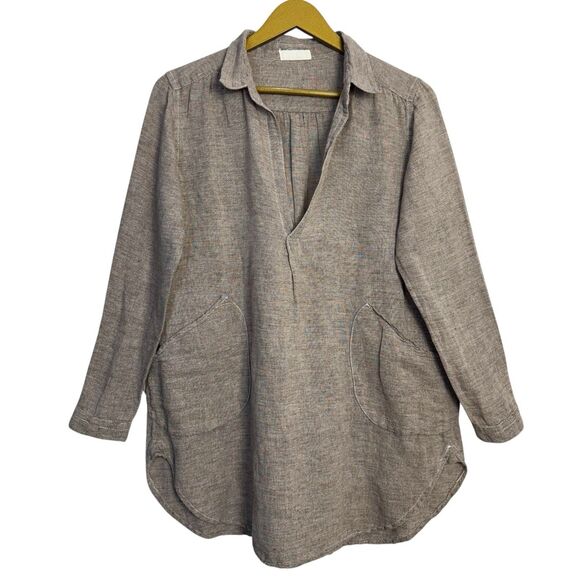 CP Shades Teton Linen Tunic XS Brown Oversized Deep V-Neck Collared Pockets Boho - Picture 1 of 8